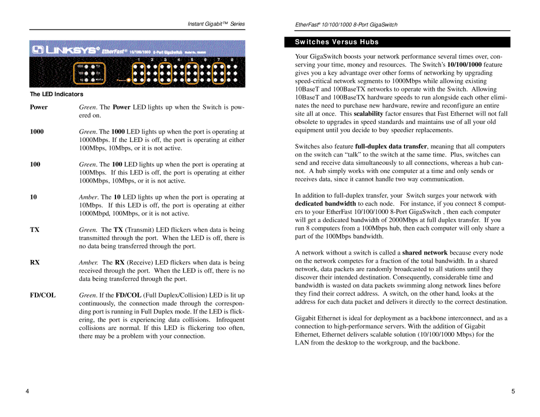 Linksys EG0008 manual 1000, Switches Versus Hubs 