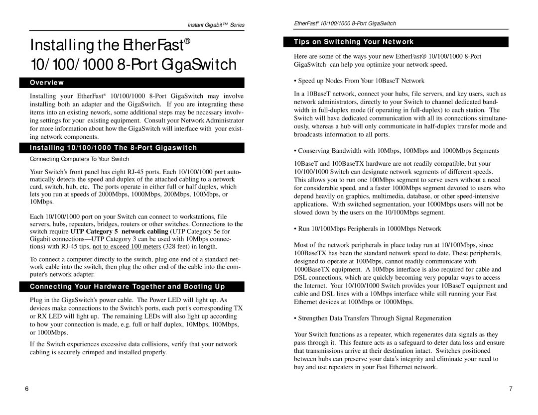 Linksys EG0008 manual Installing the EtherFast 10/100/1000 8-Port GigaSwitch, Overview, Tips on Switching Your Network 