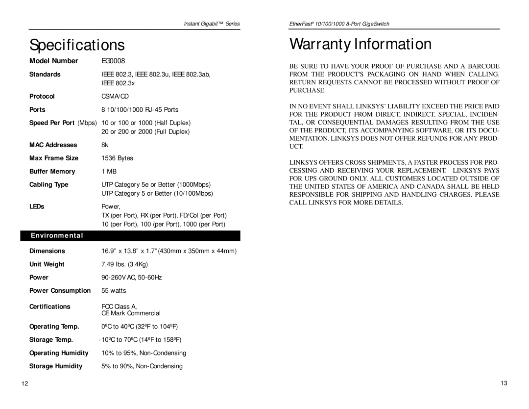 Linksys EG0008 manual Specifications, Warranty Information, Environmental 