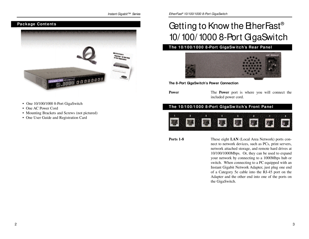Linksys EG0008 manual Getting to Know the EtherFast 10/100/1000 8-Port GigaSwitch, Package Contents, Power, Ports 