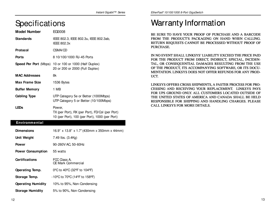 Linksys EG0008 manual Specifications, Warranty Information, Model Number 