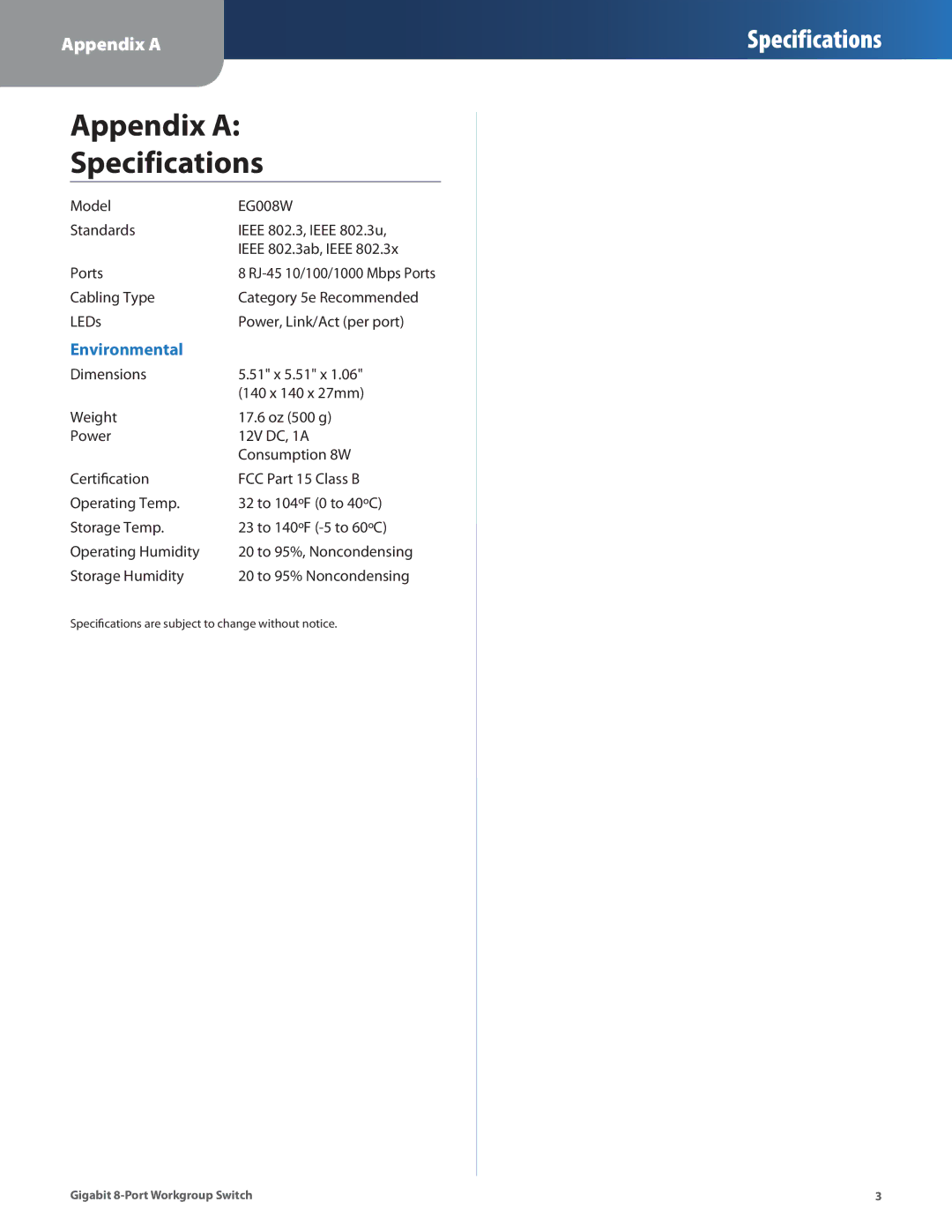 Linksys EG008W manual Appendix a Specifications 