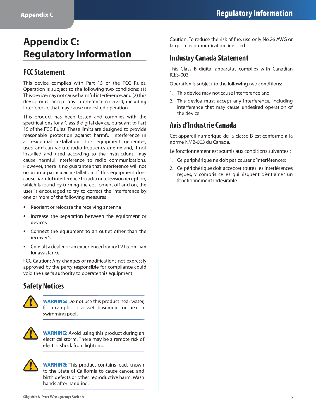 Linksys EG008W manual FCC Statement, Safety Notices Industry Canada Statement, Avis d’Industrie Canada 