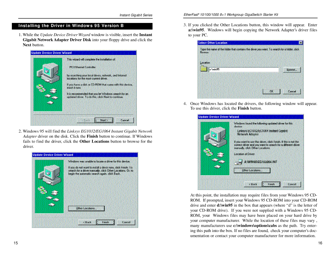 Linksys EG0801SK manual Installing the Driver in Windows 95 Version B 