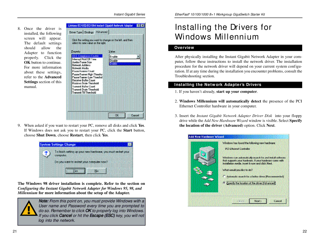 Linksys EG0801SK manual Installing the Drivers for Windows Millennium, Installing the Network Adapter’s Drivers 