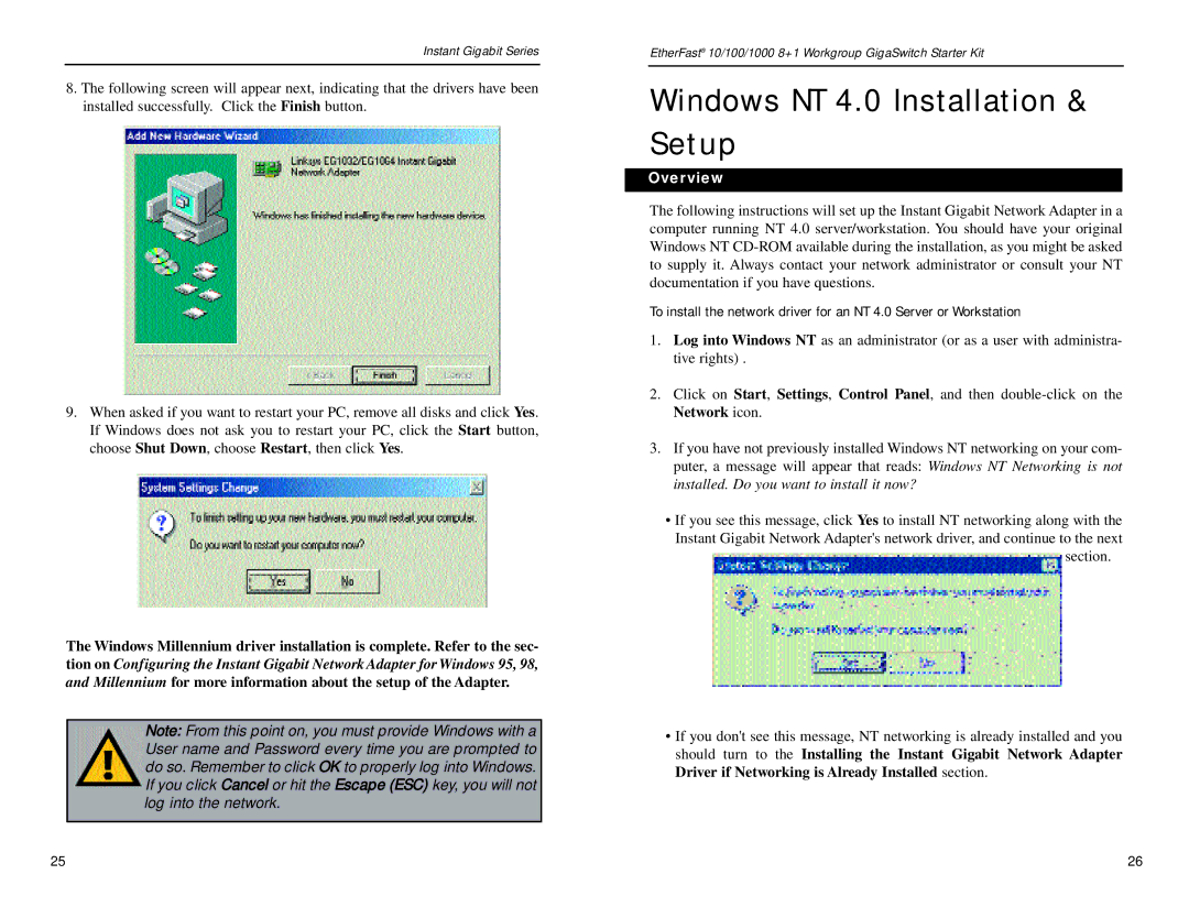 Linksys EG0801SK manual Windows NT 4.0 Installation & Setup 