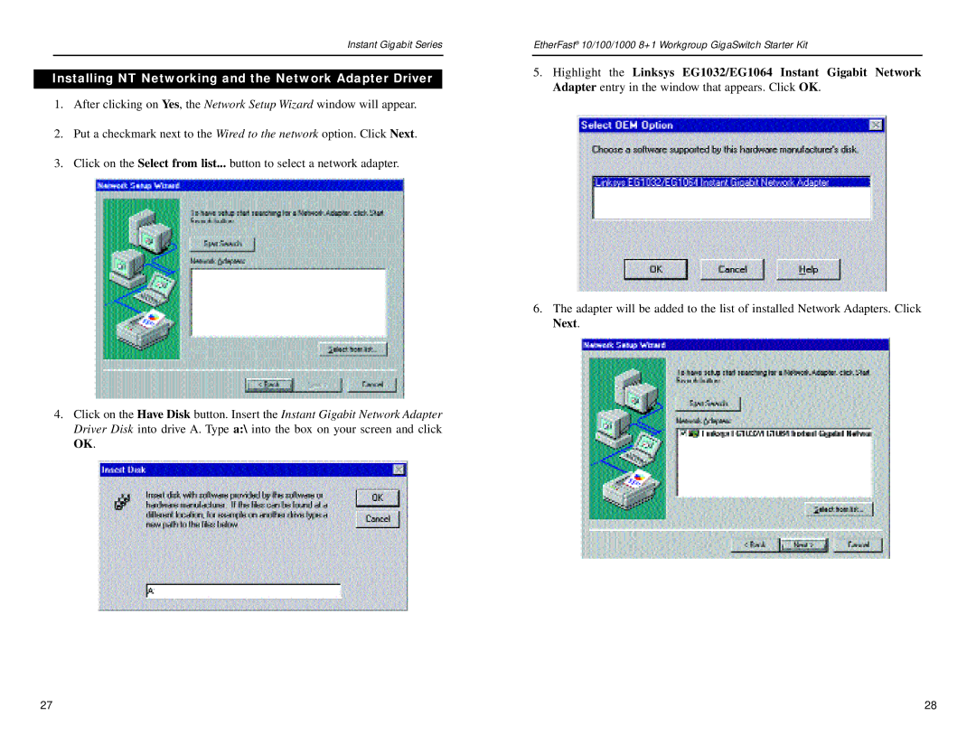 Linksys EG0801SK manual Installing NT Networking and the Network Adapter Driver 