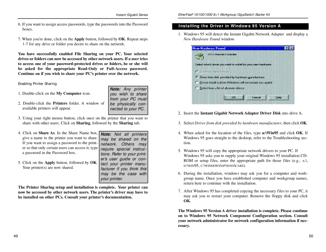 Linksys EG0801SK manual Installing the Driver in Windows 95 Version a, Enabling Printer Sharing 