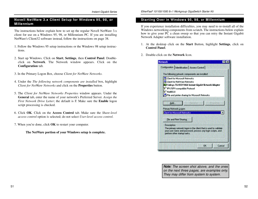 Linksys EG0801SK manual NetWare portion of your Windows setup is complete, Starting Over in Windows 95, 98, or Millennium 