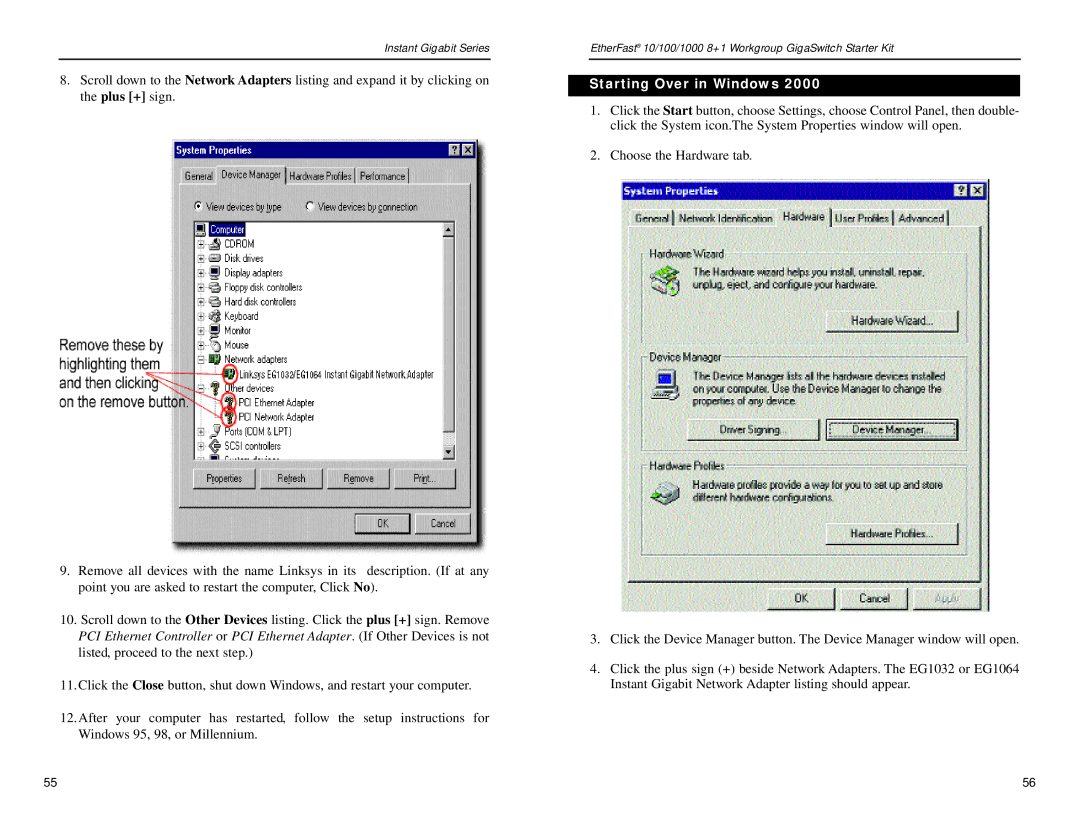 Linksys EG0801SK manual Starting Over in Windows 