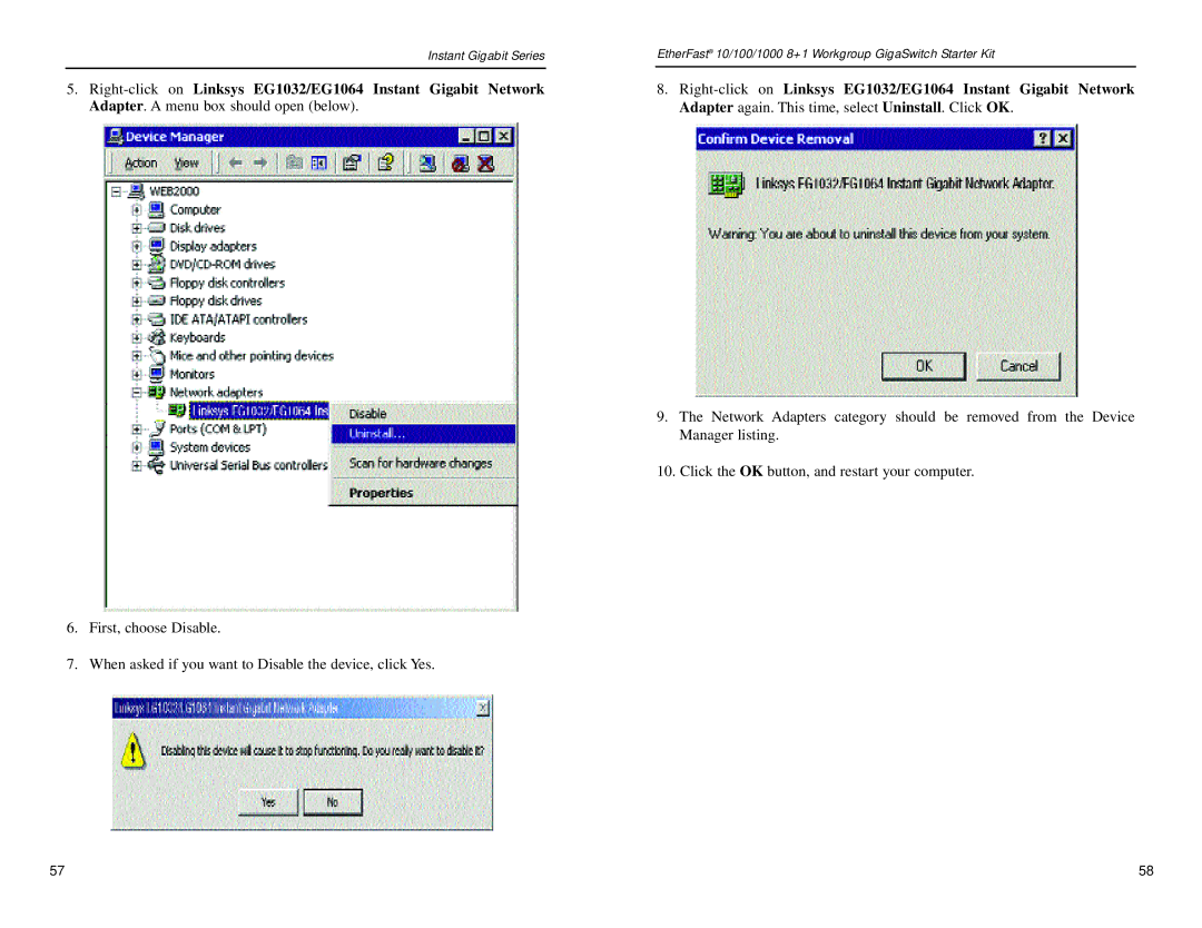 Linksys EG0801SK manual Manually Installing the Network Components in Windows 