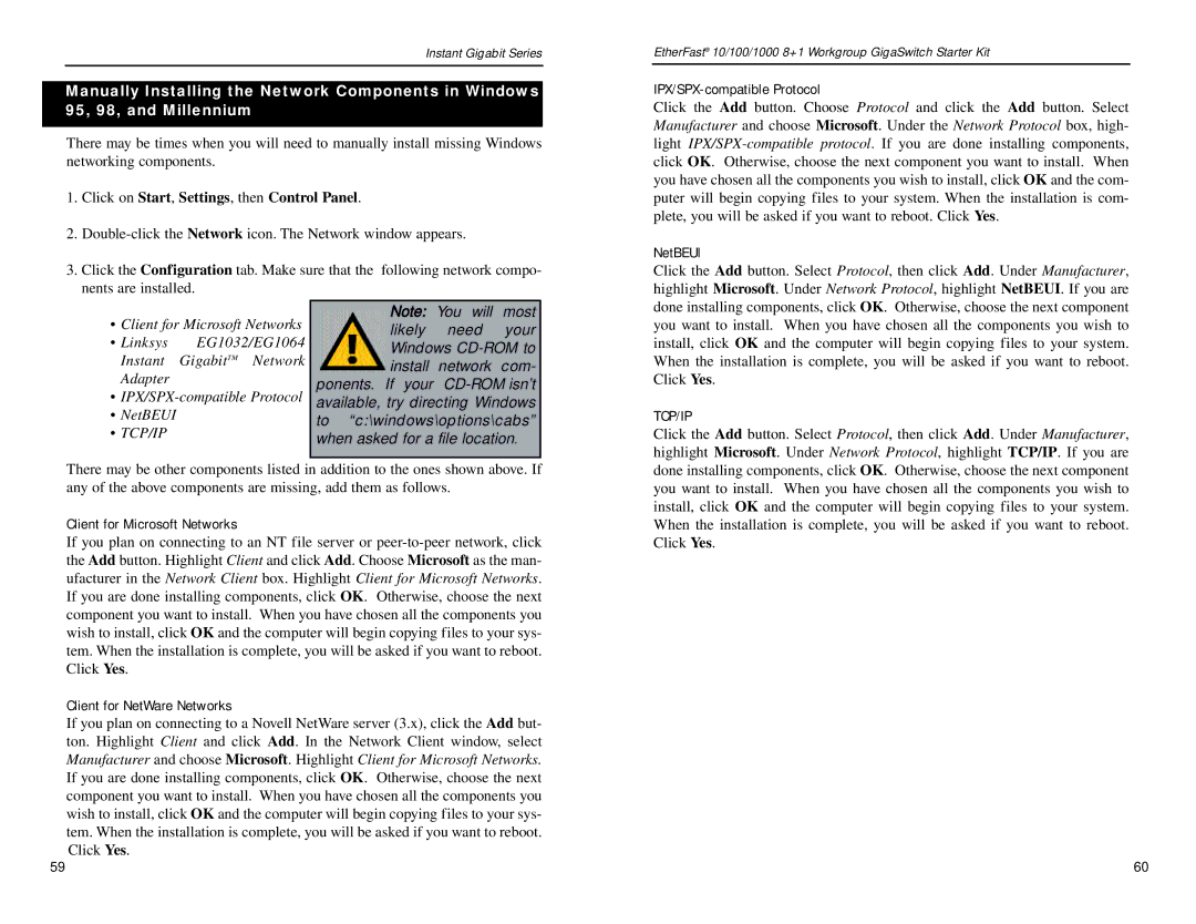 Linksys EG0801SK manual Click on Start, Settings, then Control Panel, IPX/SPX-compatible Protocol, NetBEUI 