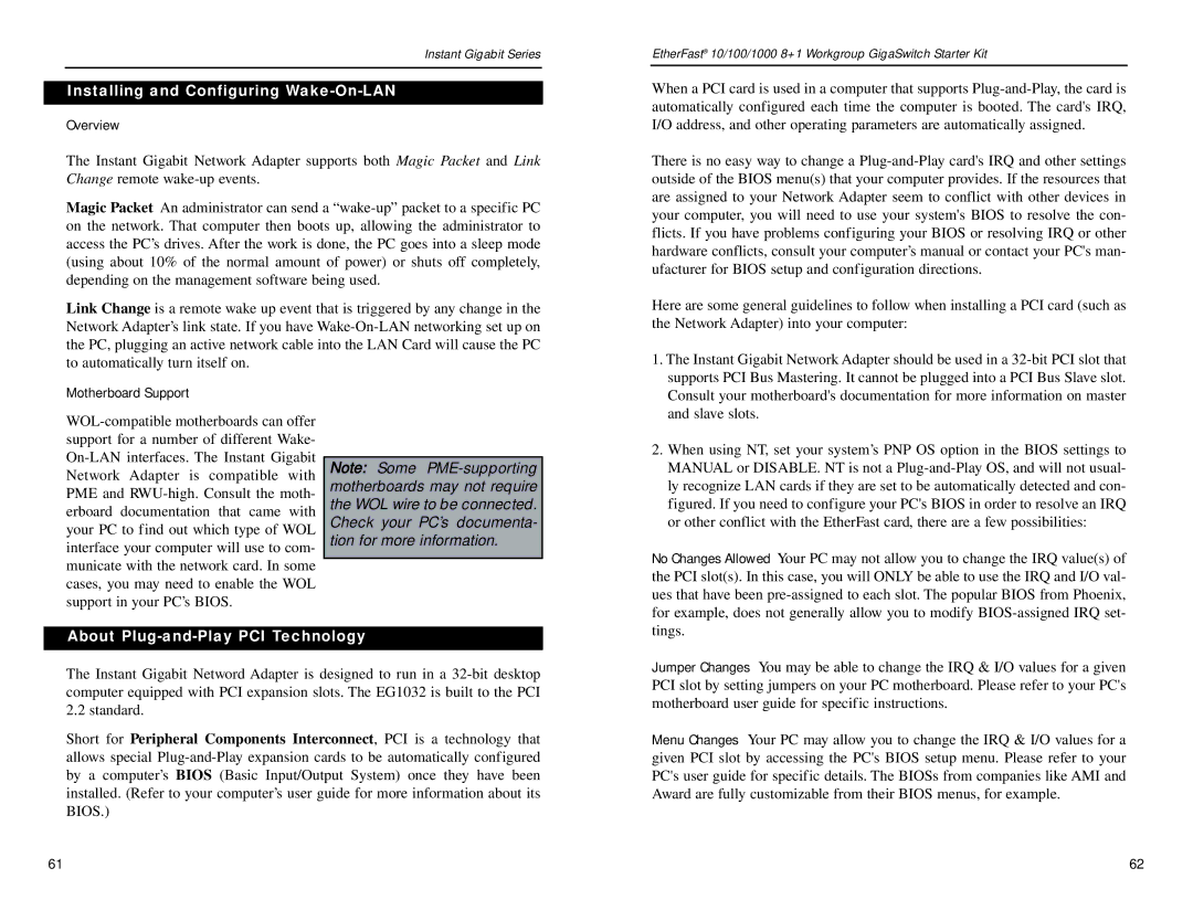 Linksys EG0801SK manual Installing and Configuring Wake-On-LAN, Motherboard Support, About Plug-and-Play PCI Technology 