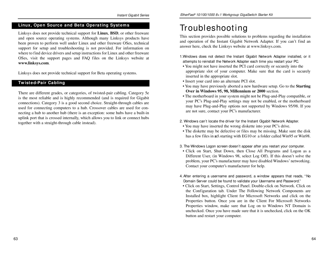 Linksys EG0801SK manual Troubleshooting, Linux, Open Source and Beta Operating Systems, Twisted-Pair Cabling 