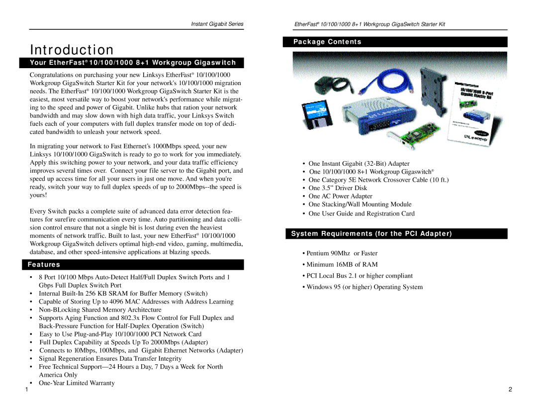 Linksys EG0801SK manual Introduction, Your EtherFast 10/100/1000 8+1 Workgroup Gigaswitch, Features, Package Contents 