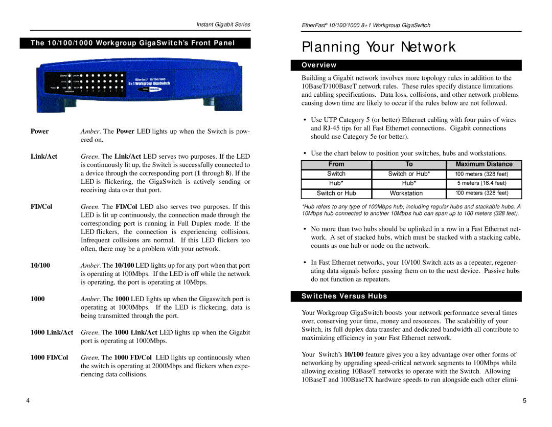 Linksys EG0801W Planning Your Network, 10/100/1000 Workgroup GigaSwitch’s Front Panel, Overview, Switches Versus Hubs 