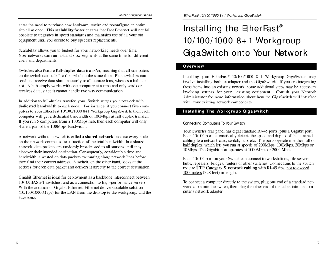 Linksys EG0801W manual Installing The Workgroup Gigaswitch, Connecting Computers To Your Switch 