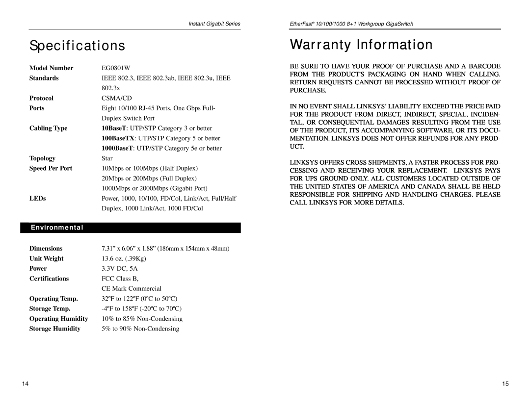 Linksys EG0801W manual Specifications, Warranty Information, Environmental 