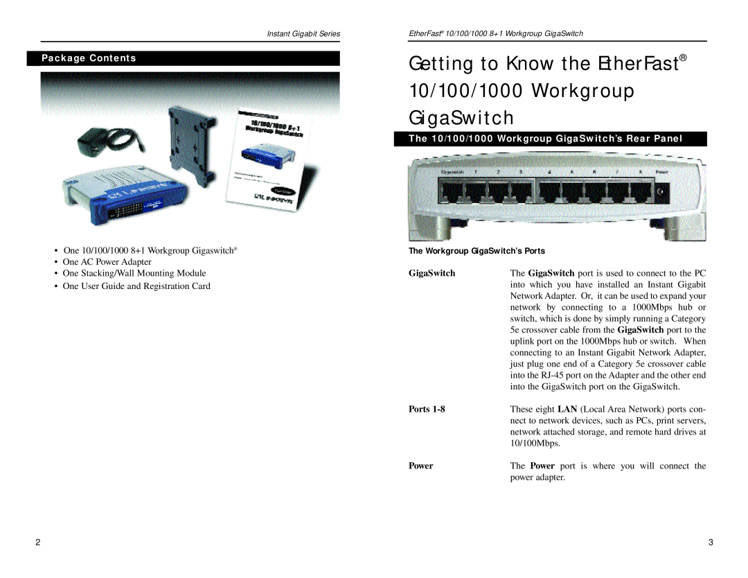 Linksys EG0801W manual Getting to Know the EtherFast 10/100/1000 Workgroup GigaSwitch, Package Contents 