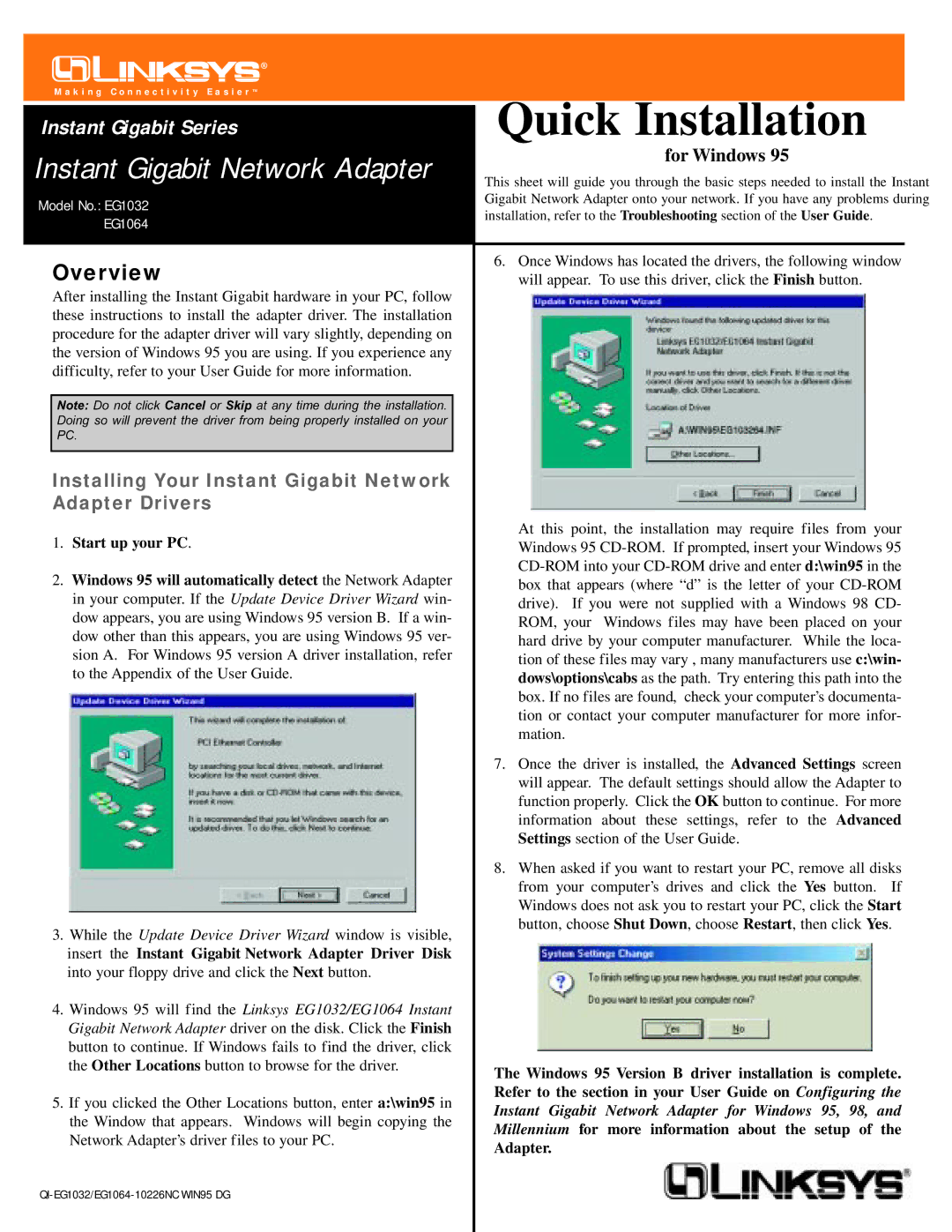 Linksys EG1064, EG1032 appendix Quick Installation, Instant Gigabit Network Adapter, Overview, For Windows 