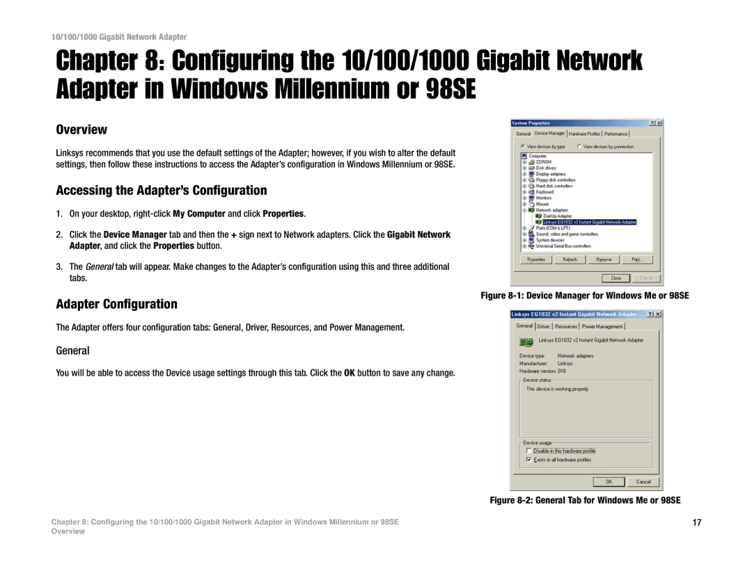 Linksys EG1032 V3 manual General Tab for Windows Me or 98SE 