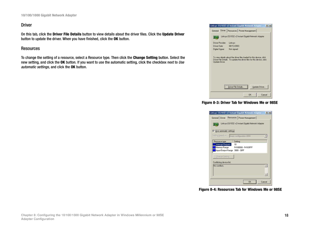 Linksys EG1032 V3 manual Driver Tab for Windows Me or 98SE 