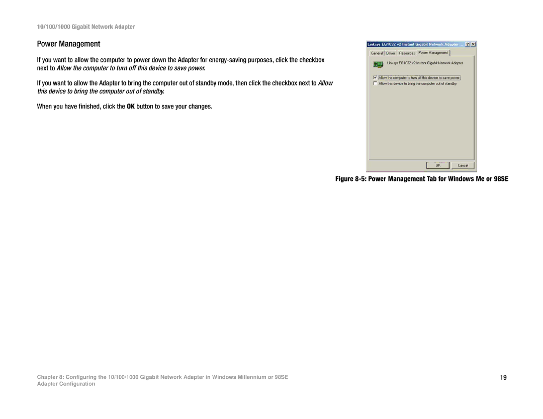 Linksys EG1032 V3 manual Power Management Tab for Windows Me or 98SE 