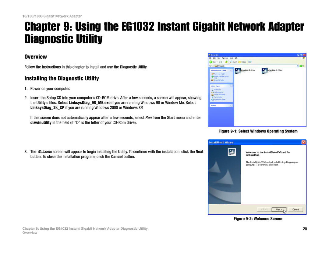 Linksys EG1032 V3 manual Installing the Diagnostic Utility, Welcome Screen 