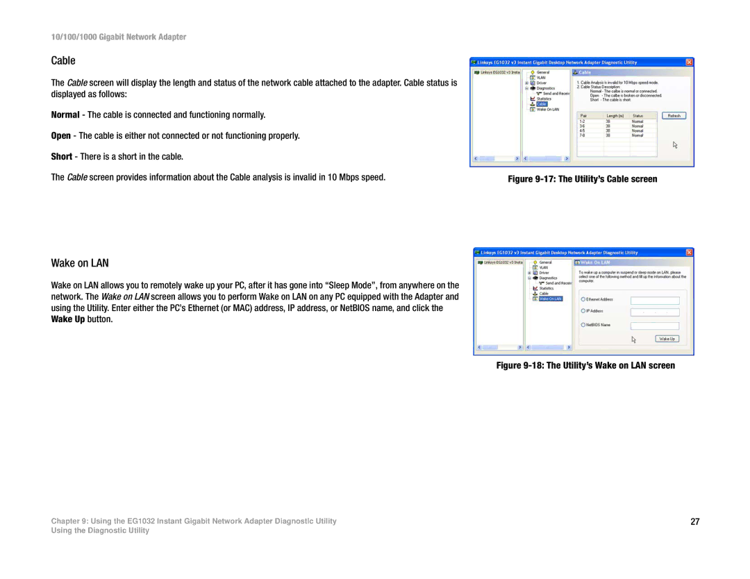 Linksys EG1032 V3 manual Cable, Wake on LAN 