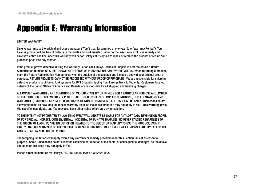 Linksys EG1032 V3 manual Appendix E Warranty Information, Limited Warranty 