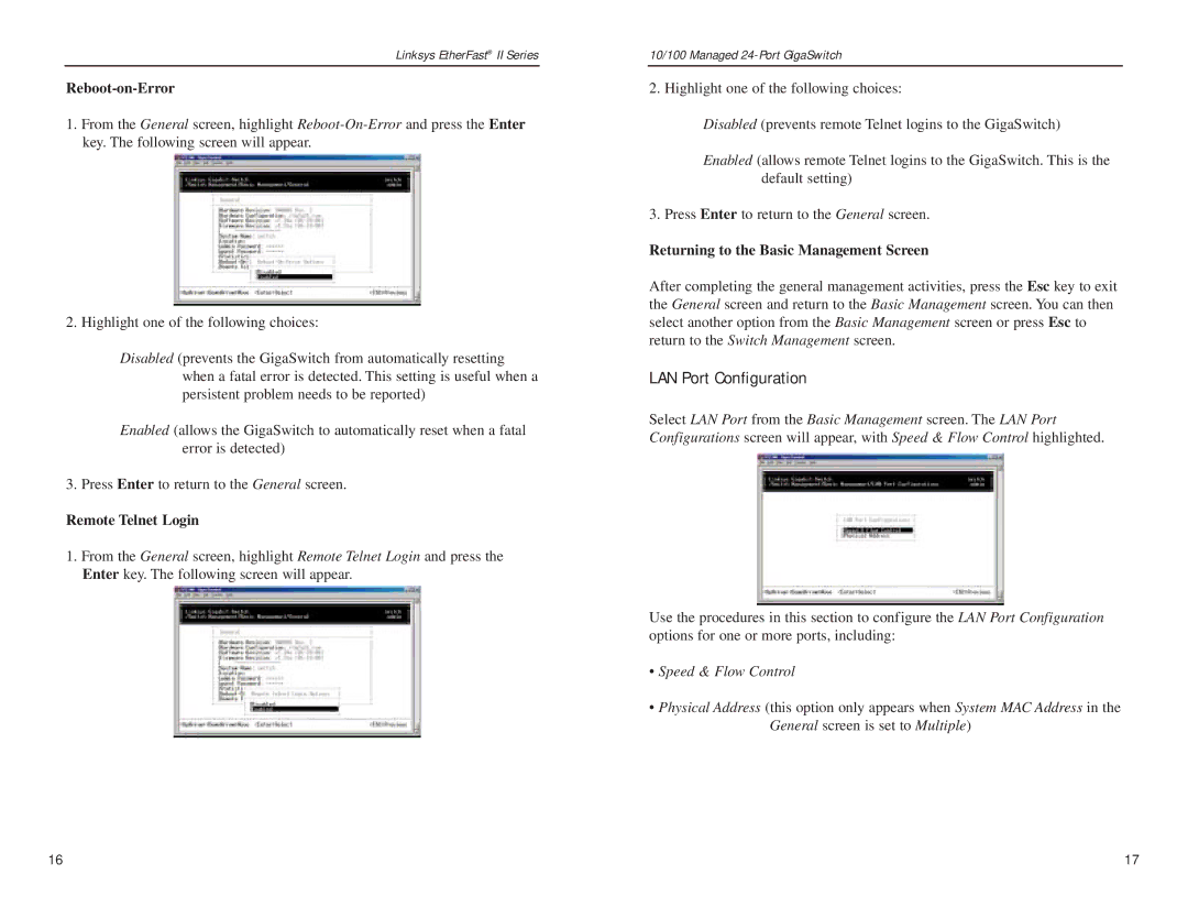 Linksys EG24M manual LAN Port Configuration, Reboot-on-Error, Remote Telnet Login, Returning to the Basic Management Screen 