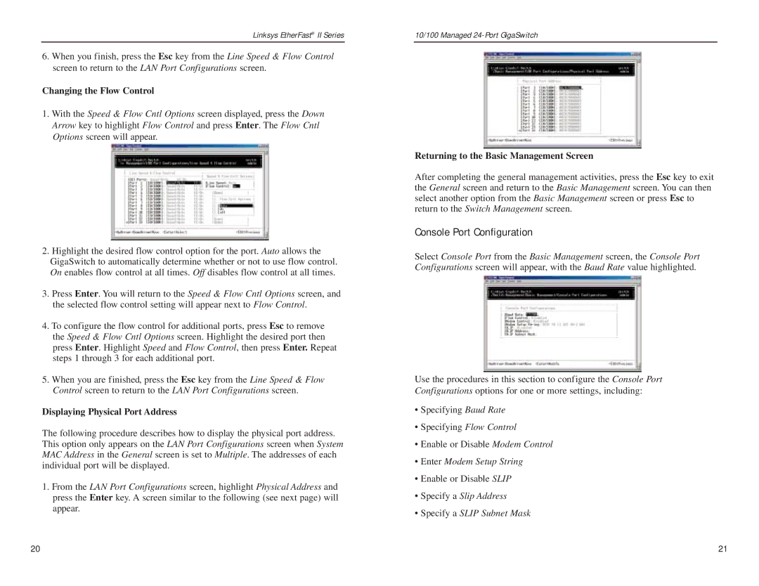 Linksys EG24M manual Console Port Configuration, Changing the Flow Control, Displaying Physical Port Address 