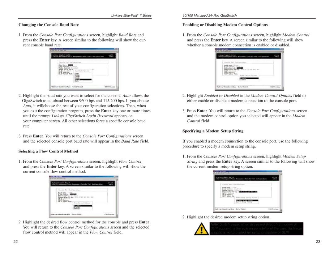 Linksys EG24M Changing the Console Baud Rate, Selecting a Flow Control Method, Enabling or Disabling Modem Control Options 