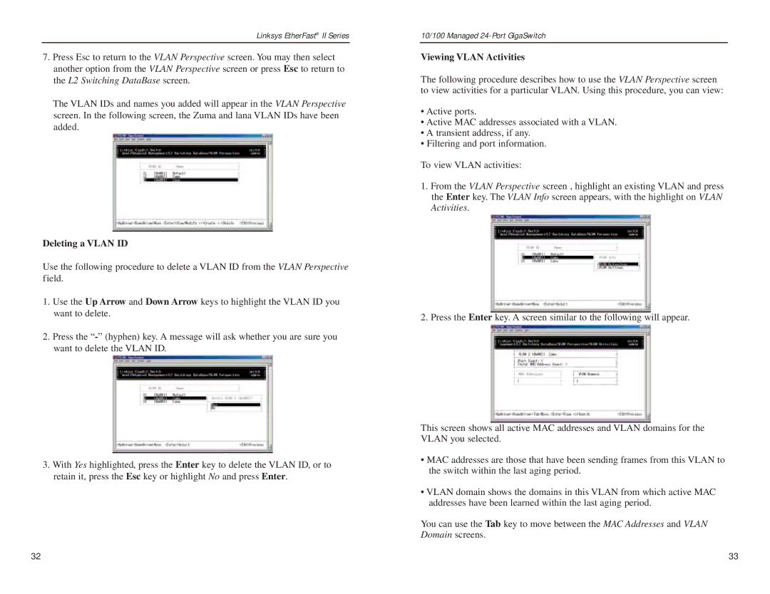 Linksys EG24M manual Deleting a Vlan ID, Viewing Vlan Activities 