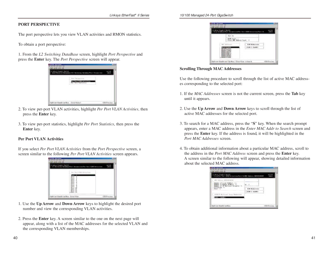 Linksys EG24M manual Port Perspective, Per Port Vlan Activities, Scrolling Through MAC Addresses 