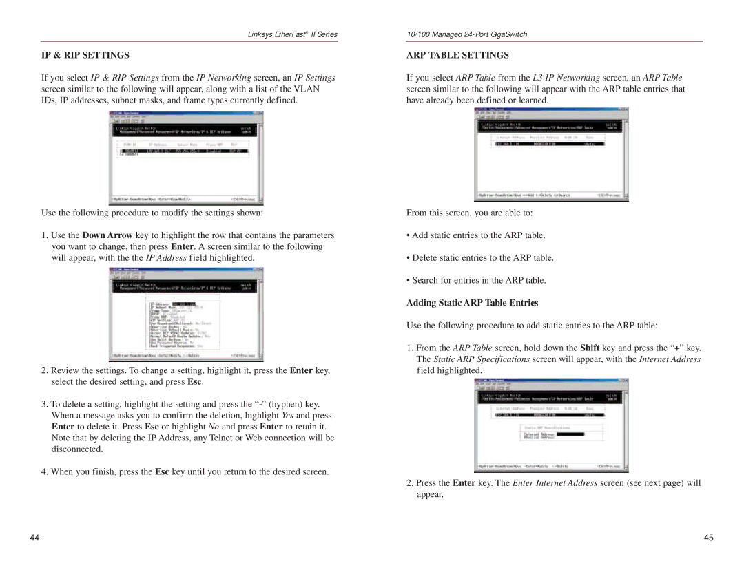 Linksys EG24M manual IP & RIP Settings, ARP Table Settings, Adding Static ARP Table Entries 