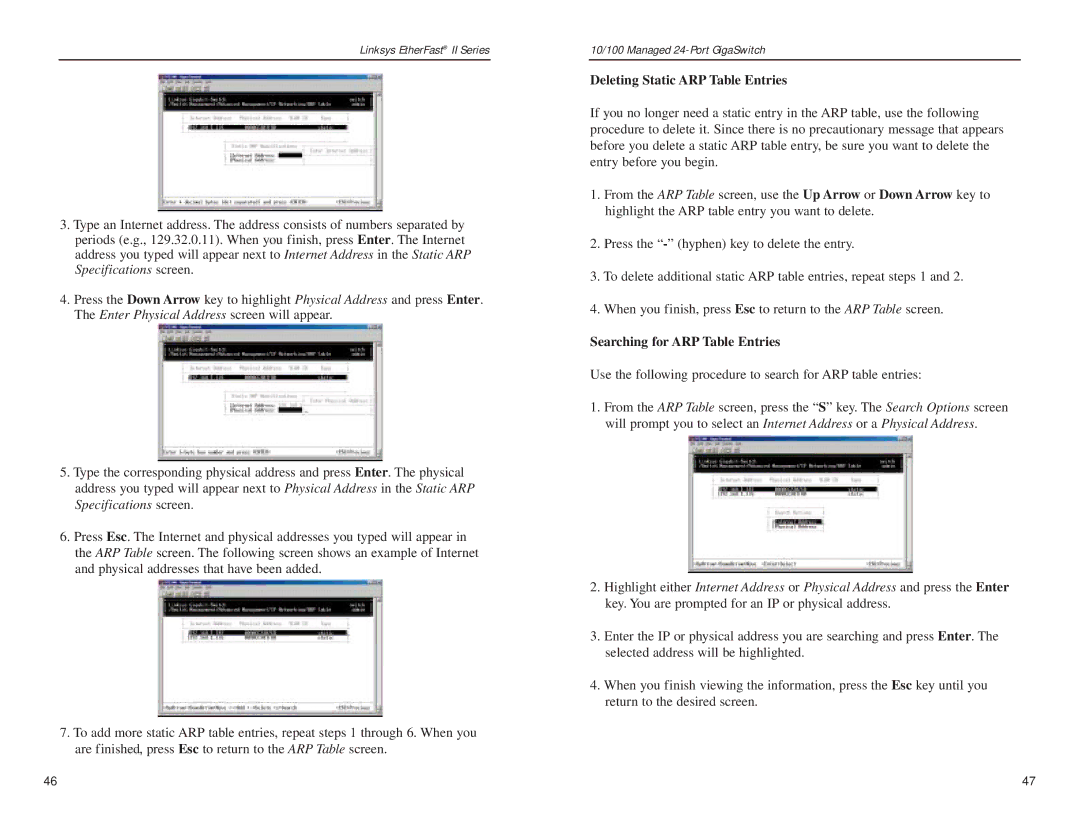 Linksys EG24M manual Deleting Static ARP Table Entries, Searching for ARP Table Entries 