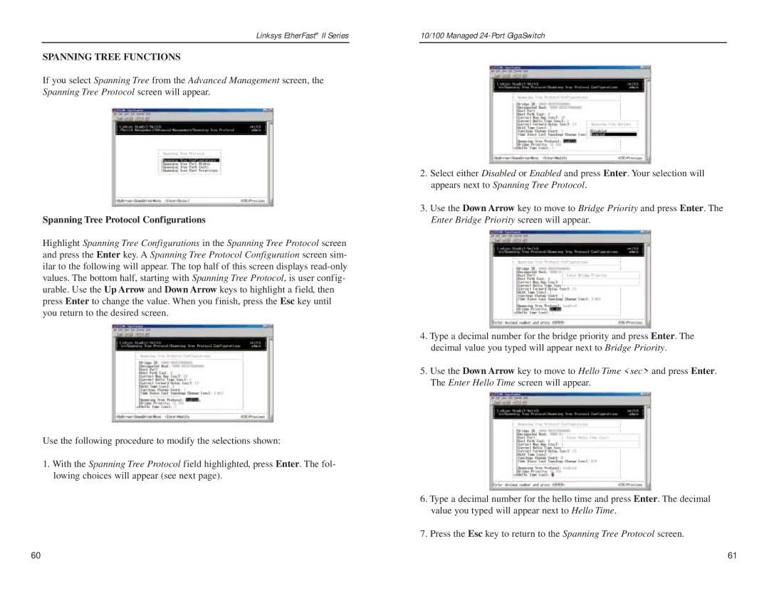 Linksys EG24M manual Spanning Tree Functions, Spanning Tree Protocol Configurations 