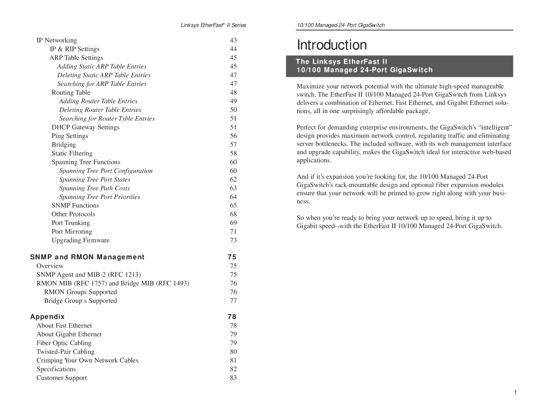 Linksys EG24M manual Introduction, Linksys EtherFast 10/100 Managed 24-Port GigaSwitch 