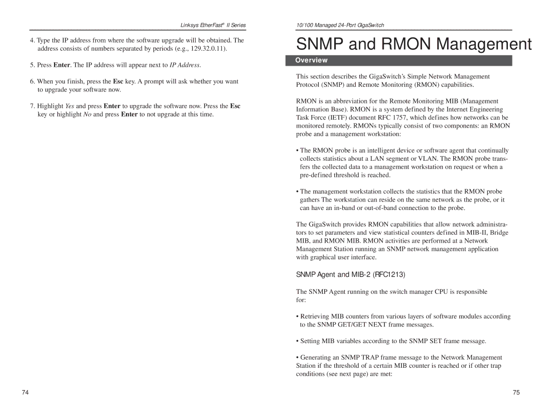 Linksys EG24M manual Snmp and Rmon Management, Snmp Agent and MIB-2 RFC1213 