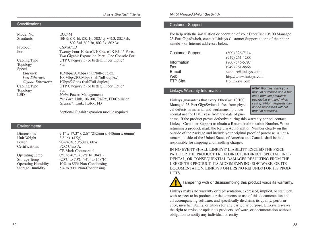 Linksys EG24M manual Specifications, Environmental, Customer Support, Linksys Warranty Information 