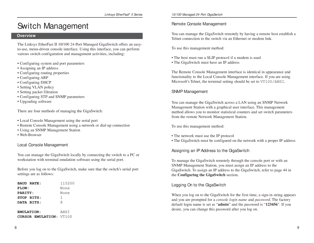 Linksys EG24M manual Switch Management 