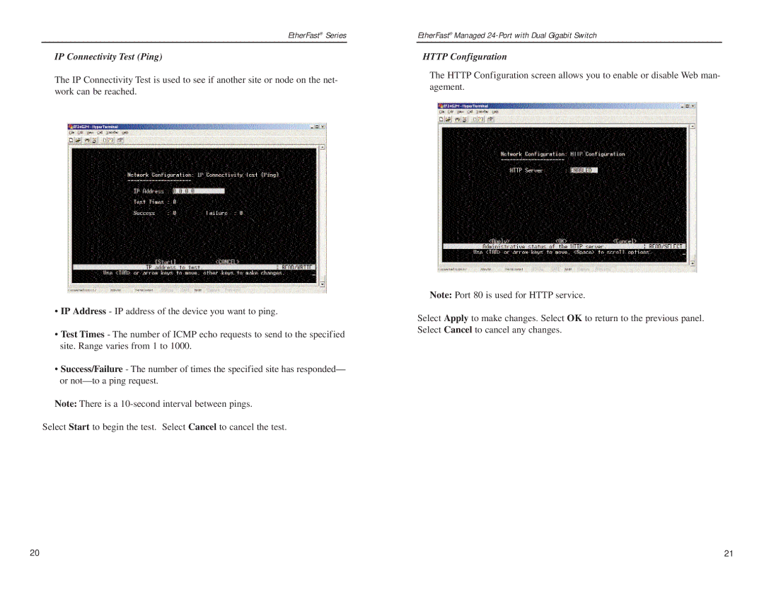 Linksys Etherfast manual IP Connectivity Test Ping, Http Configuration 