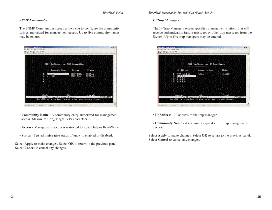 Linksys Etherfast manual Snmp Communities, IP Trap Managers 