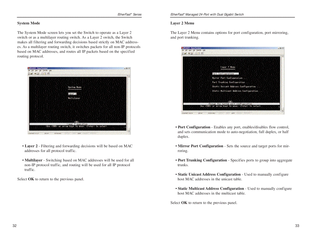 Linksys Etherfast manual System Mode, Layer 2 Menu 