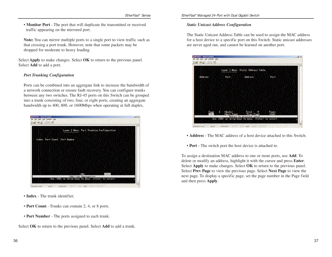 Linksys Etherfast manual Port Trunking Configuration, Static Unicast Address Configuration 