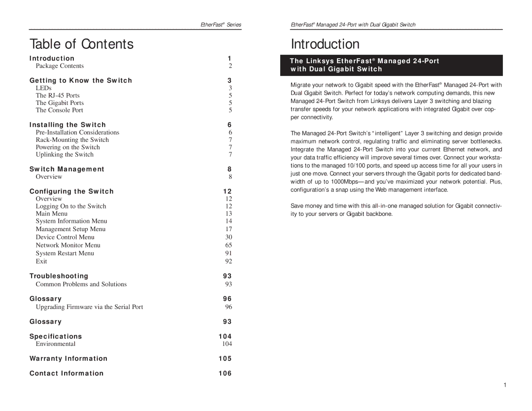 Linksys Etherfast manual Table of Contents, Introduction 