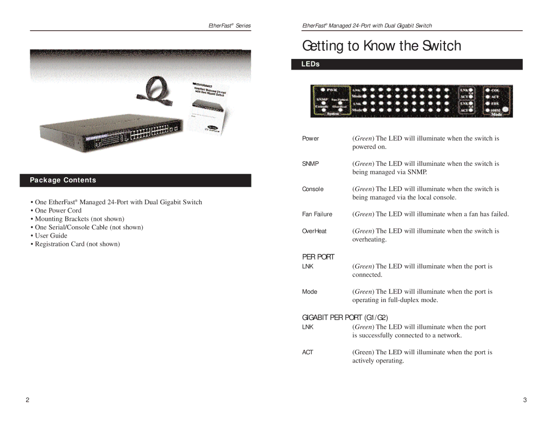 Linksys Etherfast manual Getting to Know the Switch, Package Contents, LEDs 