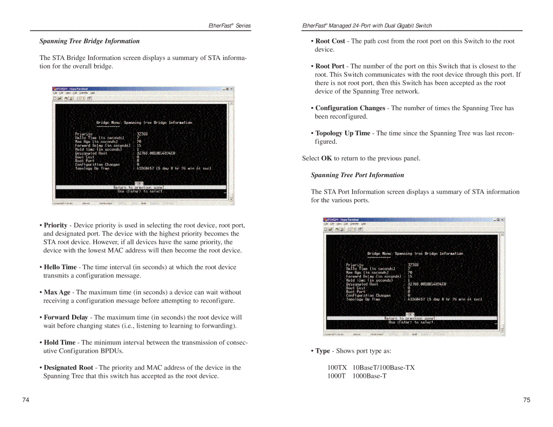 Linksys Etherfast manual Spanning Tree Bridge Information, Spanning Tree Port Information 