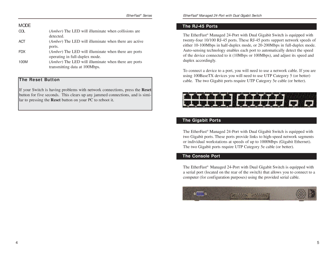 Linksys Etherfast manual RJ-45 Ports, Gigabit Ports, Console Port 